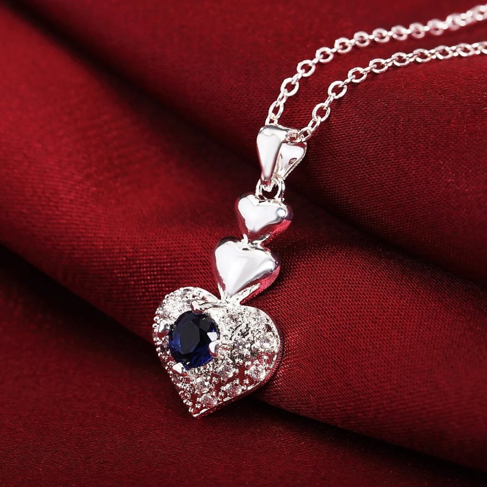 Beautiful 4 Pc Set Sapphire Heart Pendant, Earrings, & 18" Chain Sterling Silver - Picture 10 of 10